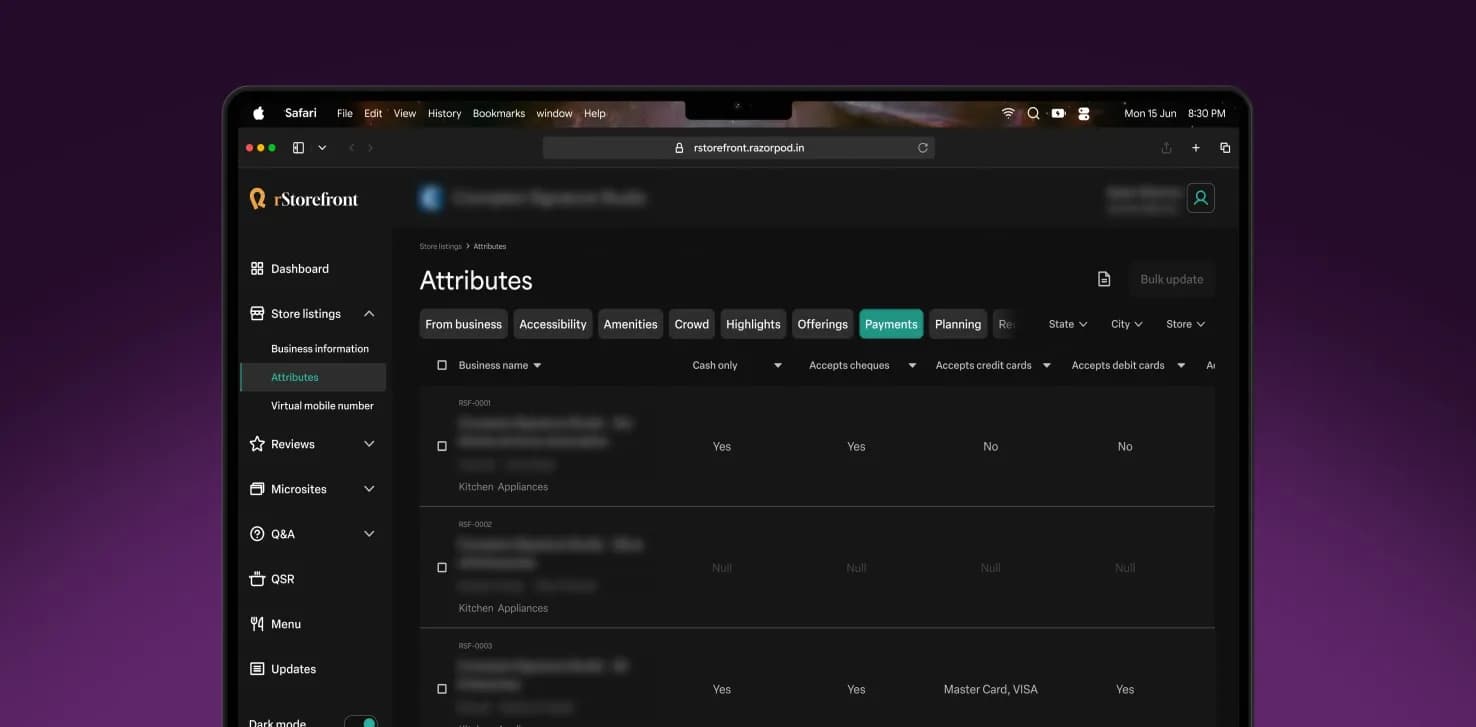 Store listings - Attributes - Payments (Dark theme)